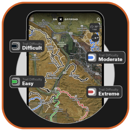 onX Offroad app showing a trail map with difficulty ratings