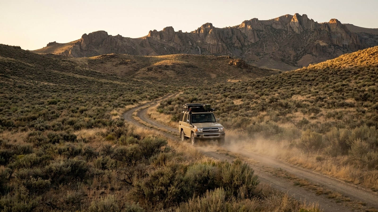 A lone 4x4 driving alone on a remote dirt two-track through a vast mountain valley, far from help