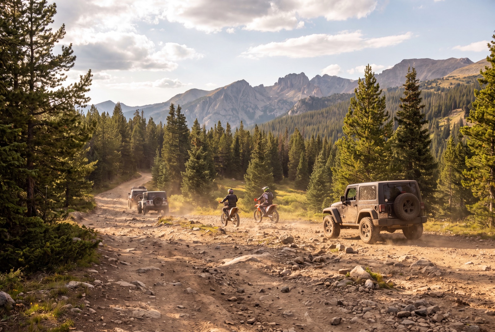 Two Jeeps and a pair of dirt bike riders working a rocky alpine trail together