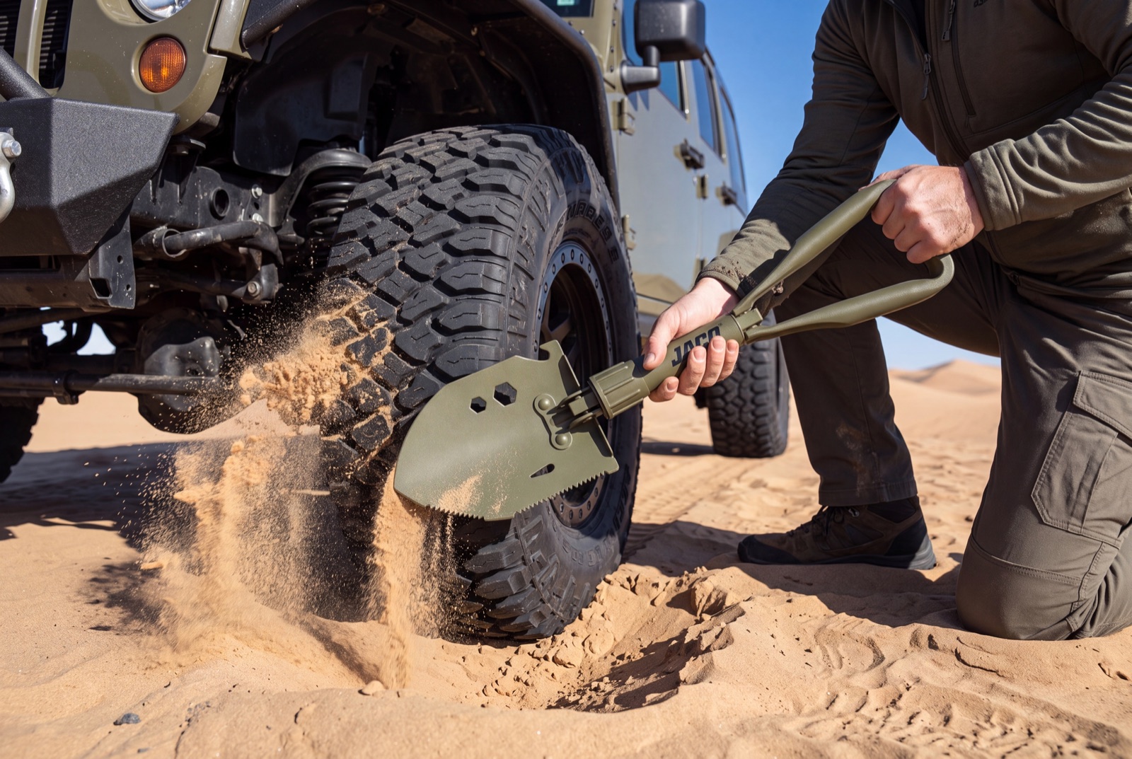 Digging sand away from a stuck front tire with a foldable survival shovel