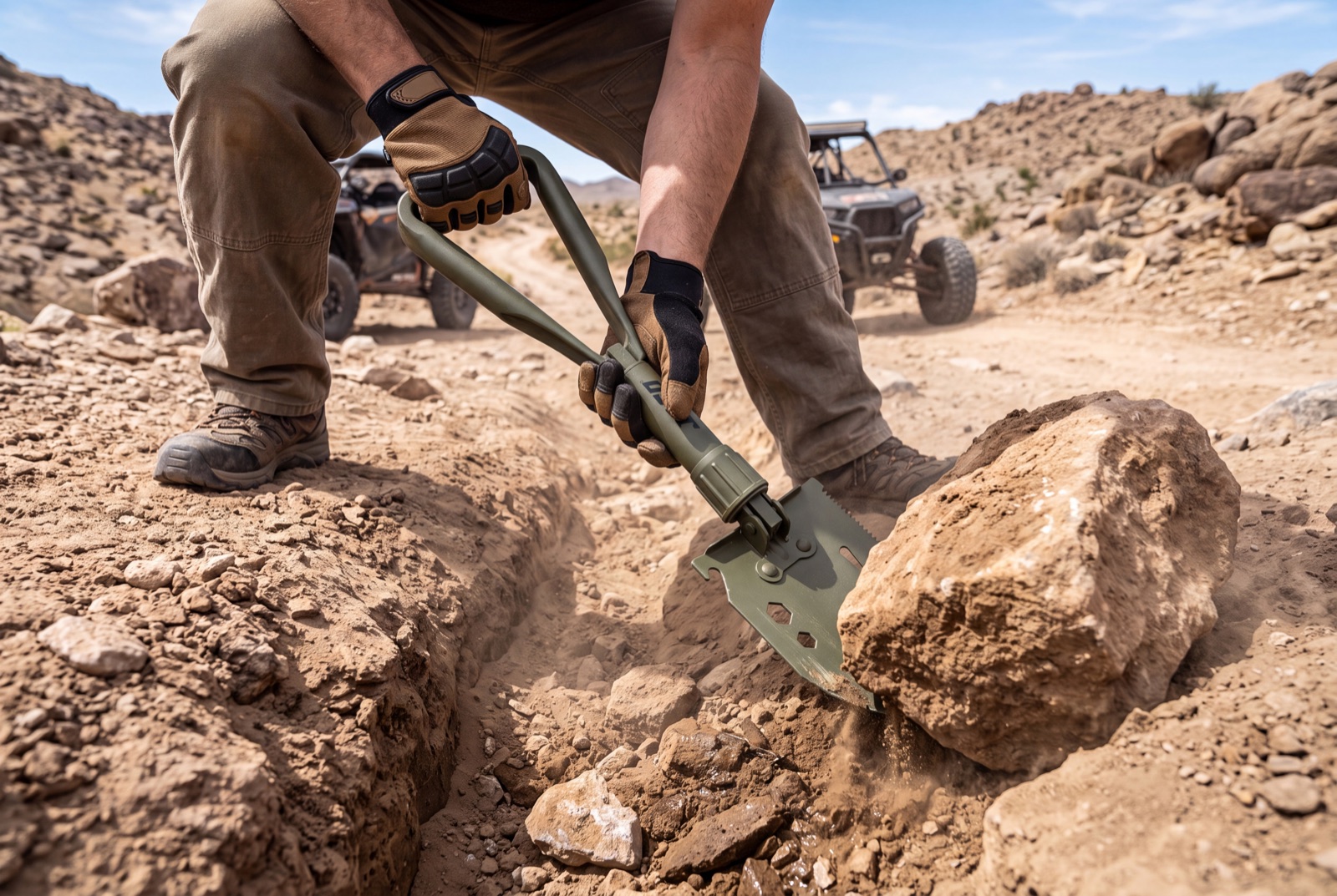 Person pries out a large rock beside the trail with a foldable survival shovel