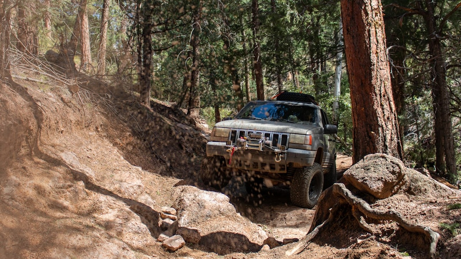 A winch-equipped 4x4 works a rutted, rocky trail, ready to self-recover without a second rig.