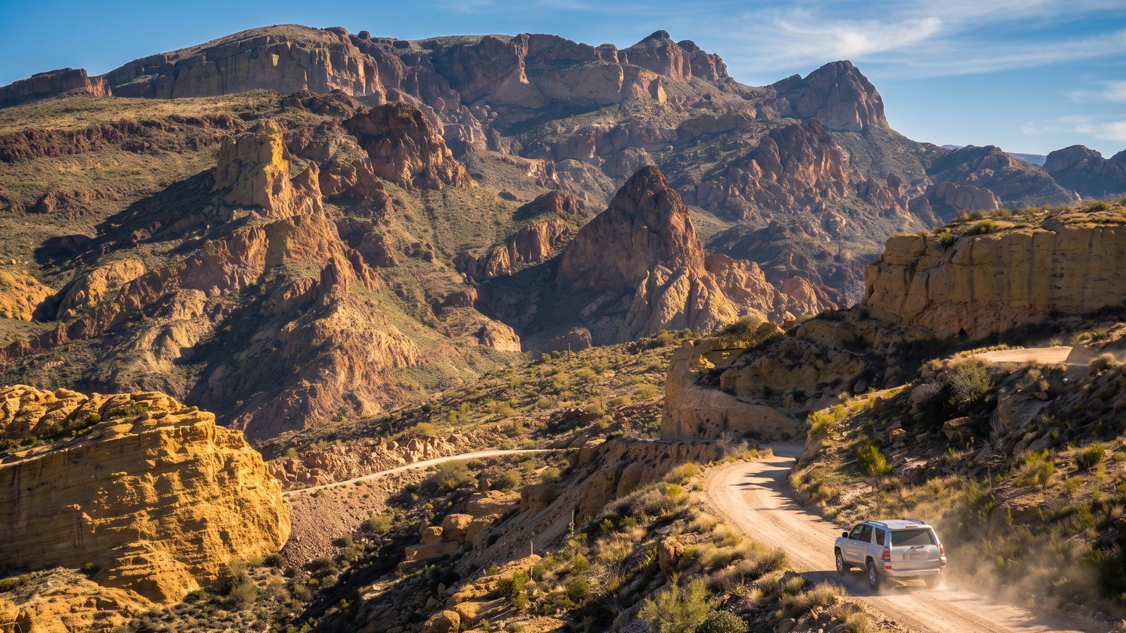 The historic Apache Trail dirt road winding through layered golden desert cliffs in the Superstition Mountains