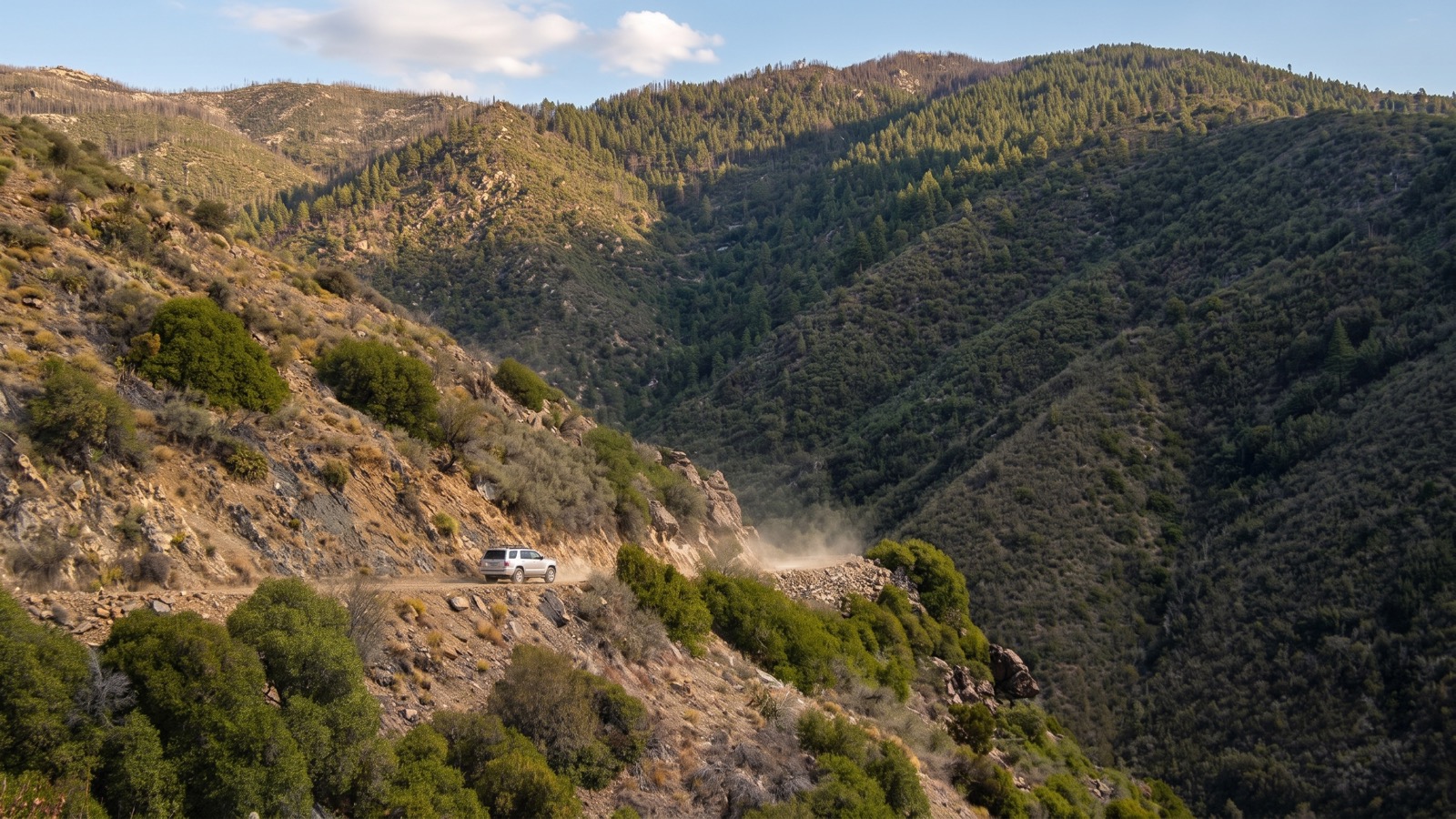 A 4x4 rig climbing the narrow rocky shelf road high above a forested canyon in the Bradshaw Mountains, dust trailing behind.