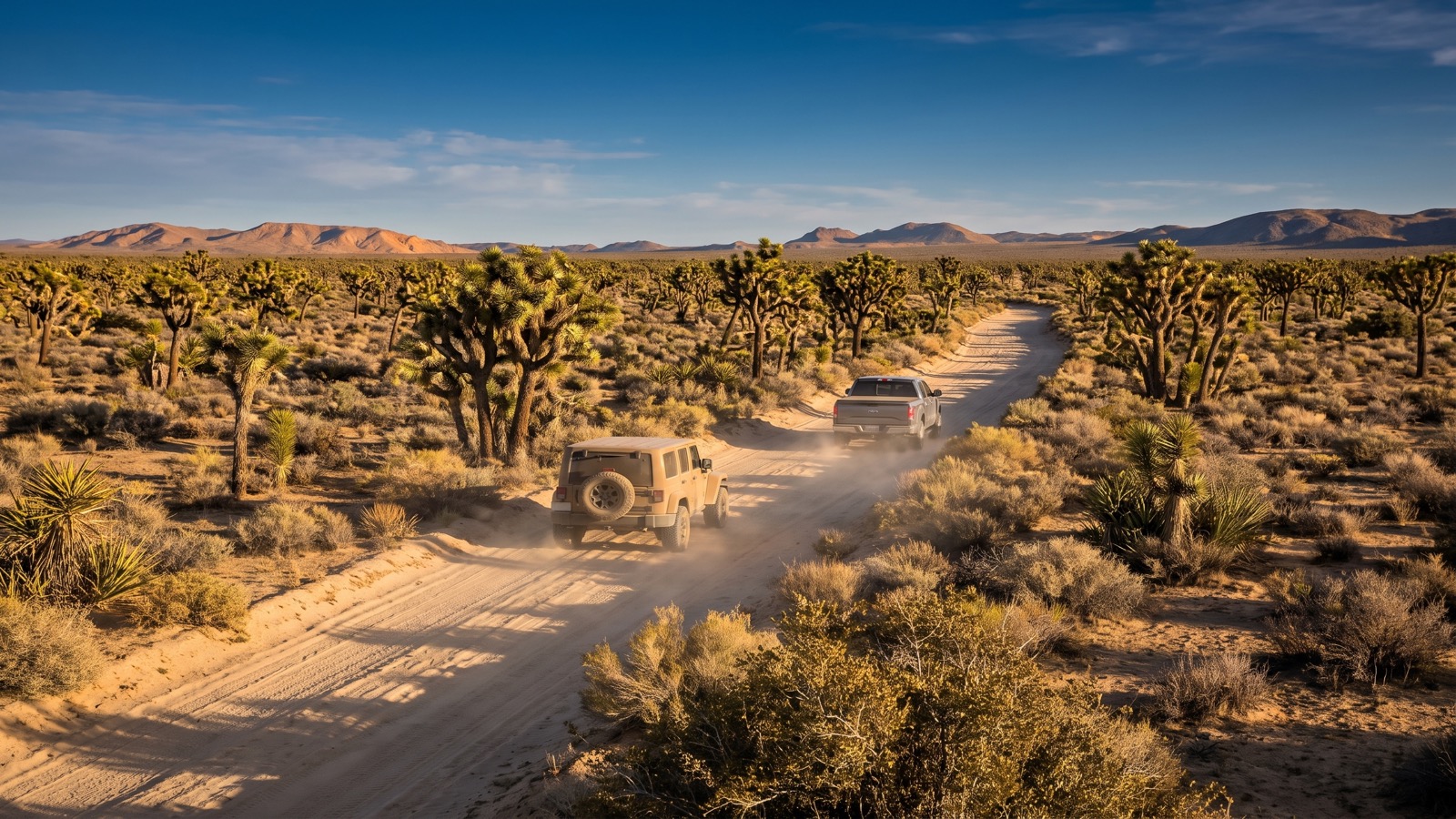 A convoy of 4x4 rigs traveling a sandy two-track through Joshua tree forest on the Mojave Road, distant desert mountains on the horizon