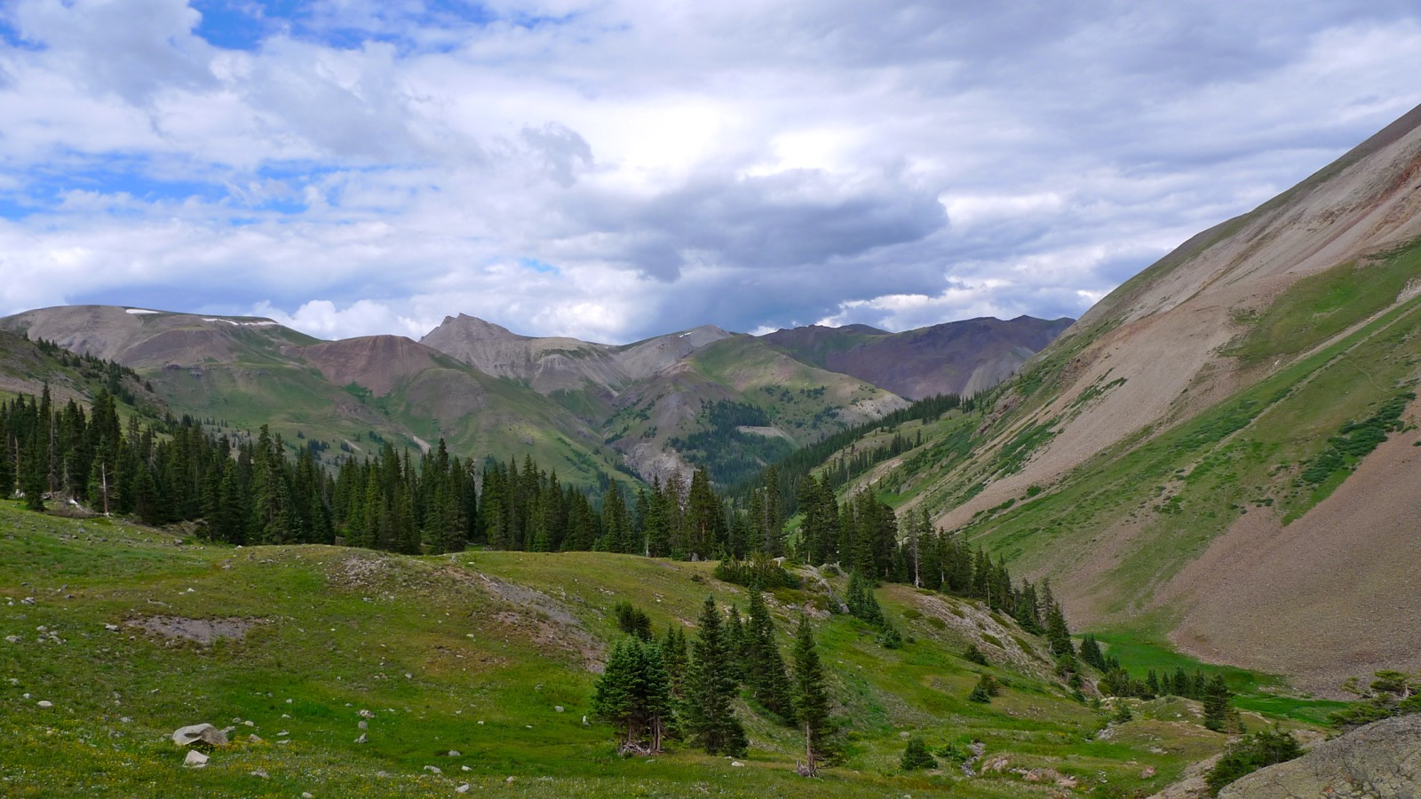 The Engineer Pass road climbing through alpine basin and mineralized peaks in the San Juan Mountains
