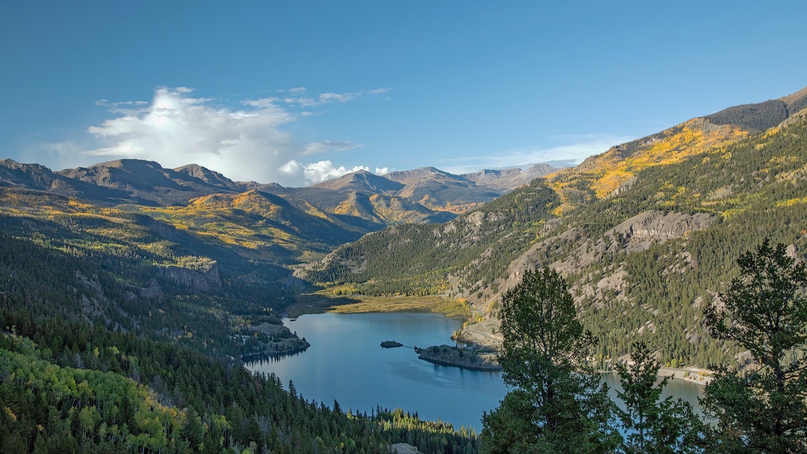 Lake San Cristobal near Lake City, the gateway to the Alpine Loop, with autumn color on the slopes