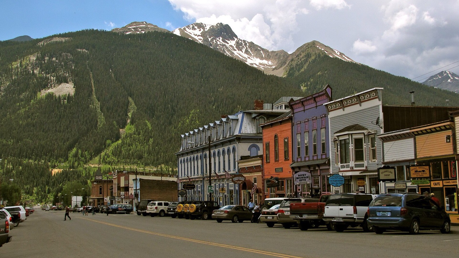 Colorful historic storefronts along Greene Street in downtown Silverton, Colorado