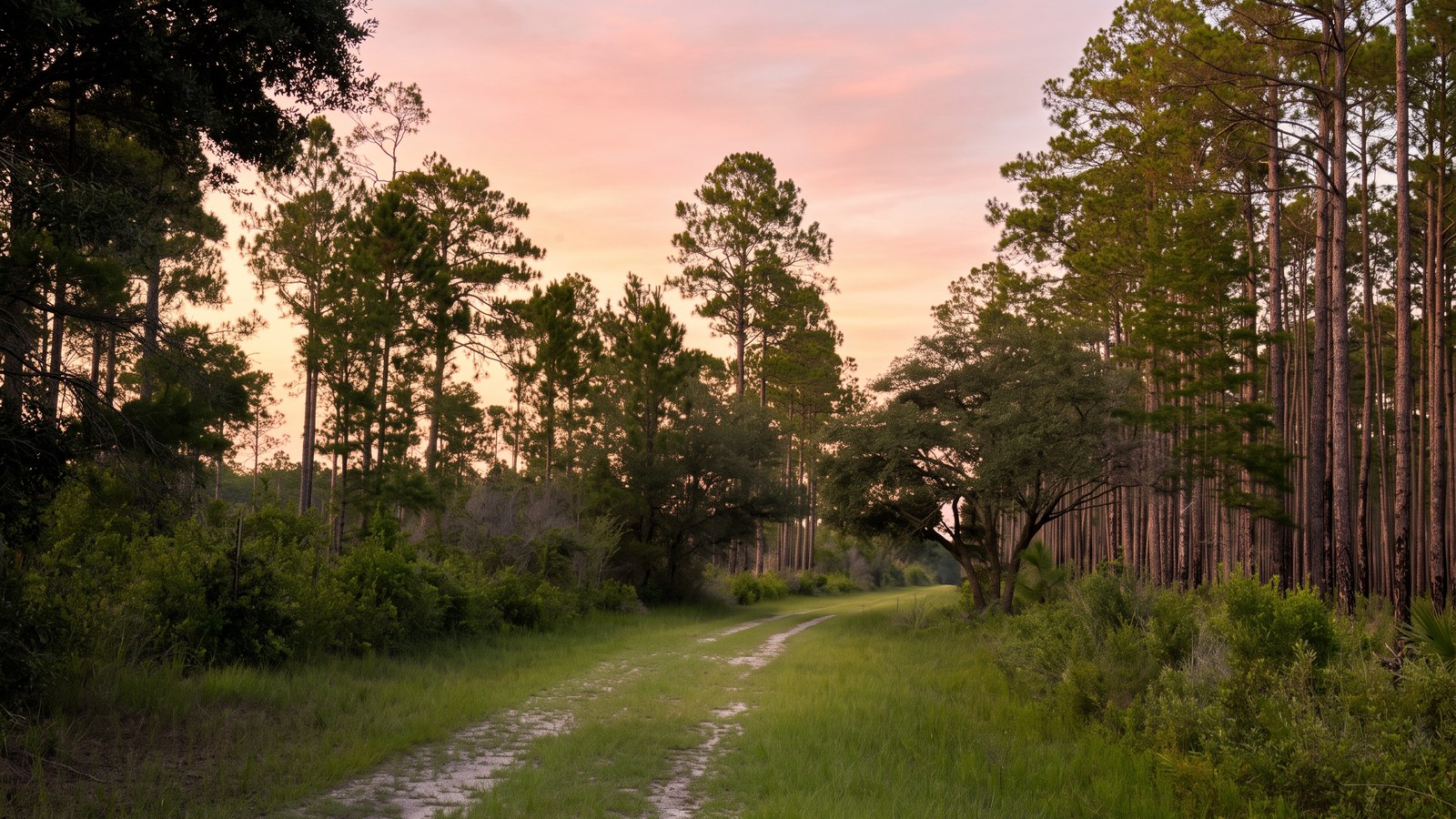 A grassed-over sand-rut two-track curving past a live oak with a wall of tall pines under a soft pink and gold dawn sky in Tate's Hell State Forest