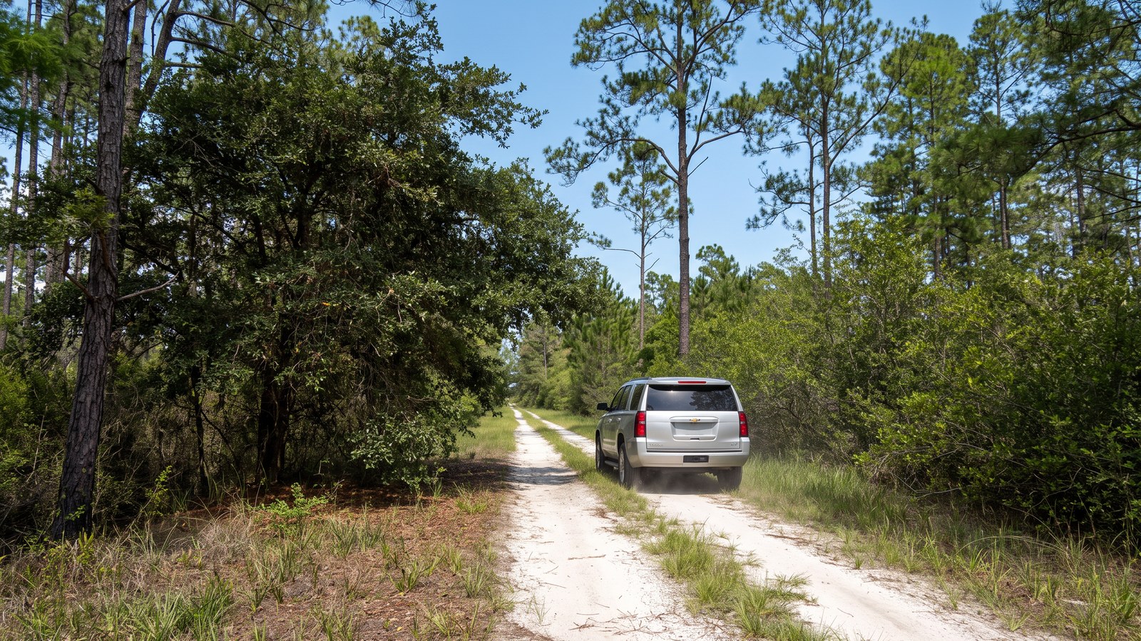 A sandy two-track forest road curving gently past a large overhanging live oak in Tate's Hell State Forest, pine flatwoods on both sides