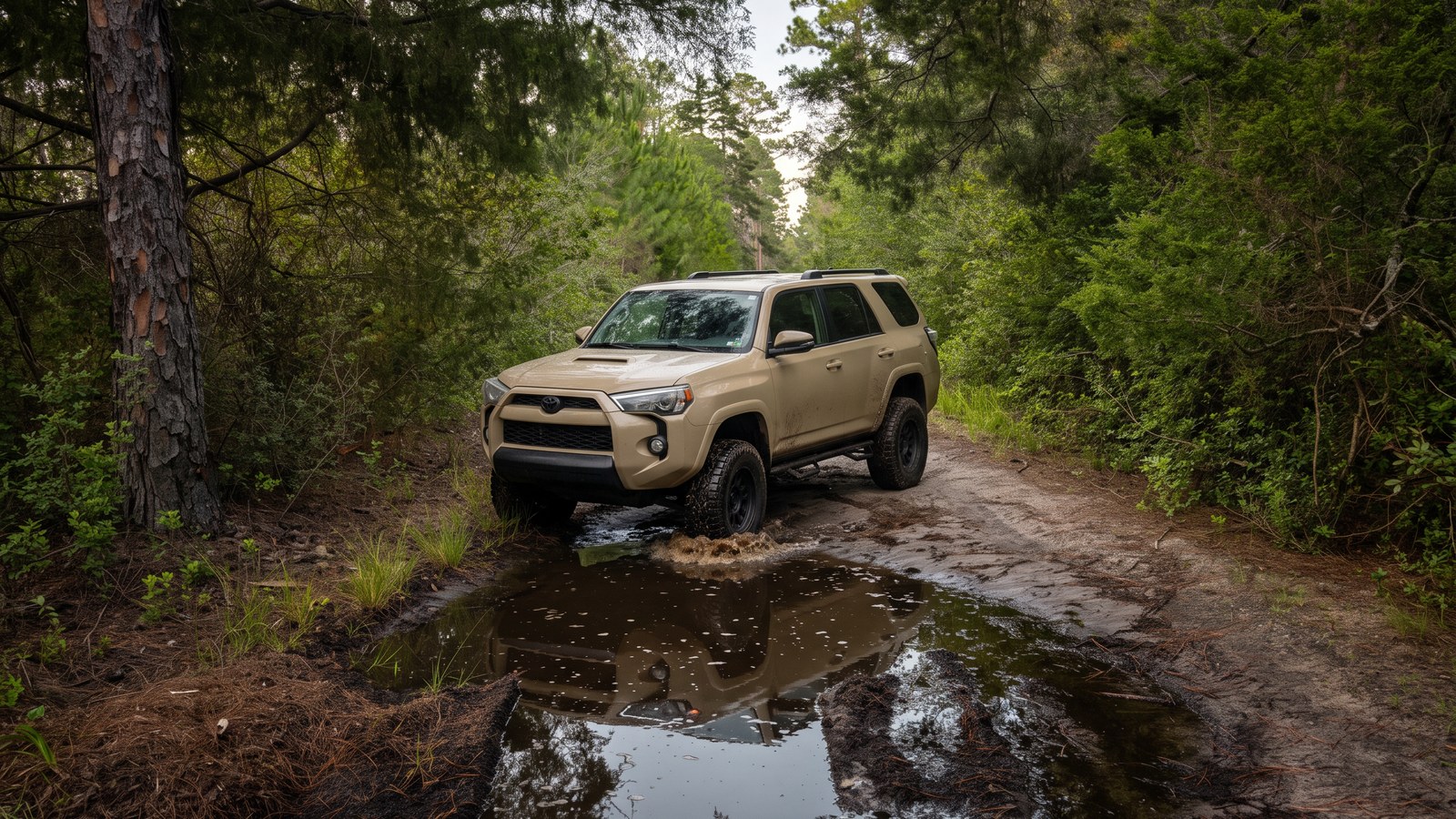 A tannic black-water mud hole crossing a sandy forest road in dense green swampy Florida flatwoods, a mud crossing typical of Tate's Hell after rain