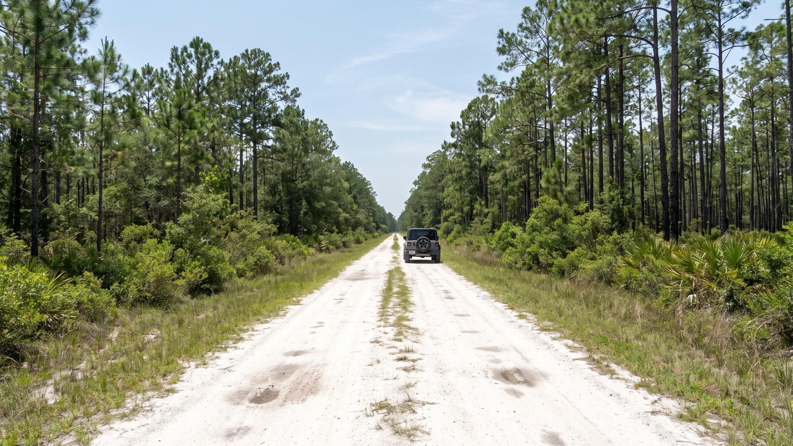 A wide bleached white-sand two-track forest road with a grassy center crown running straight into tall Florida pine flatwoods, a shallow tannic puddle reflecting the sky in the foreground