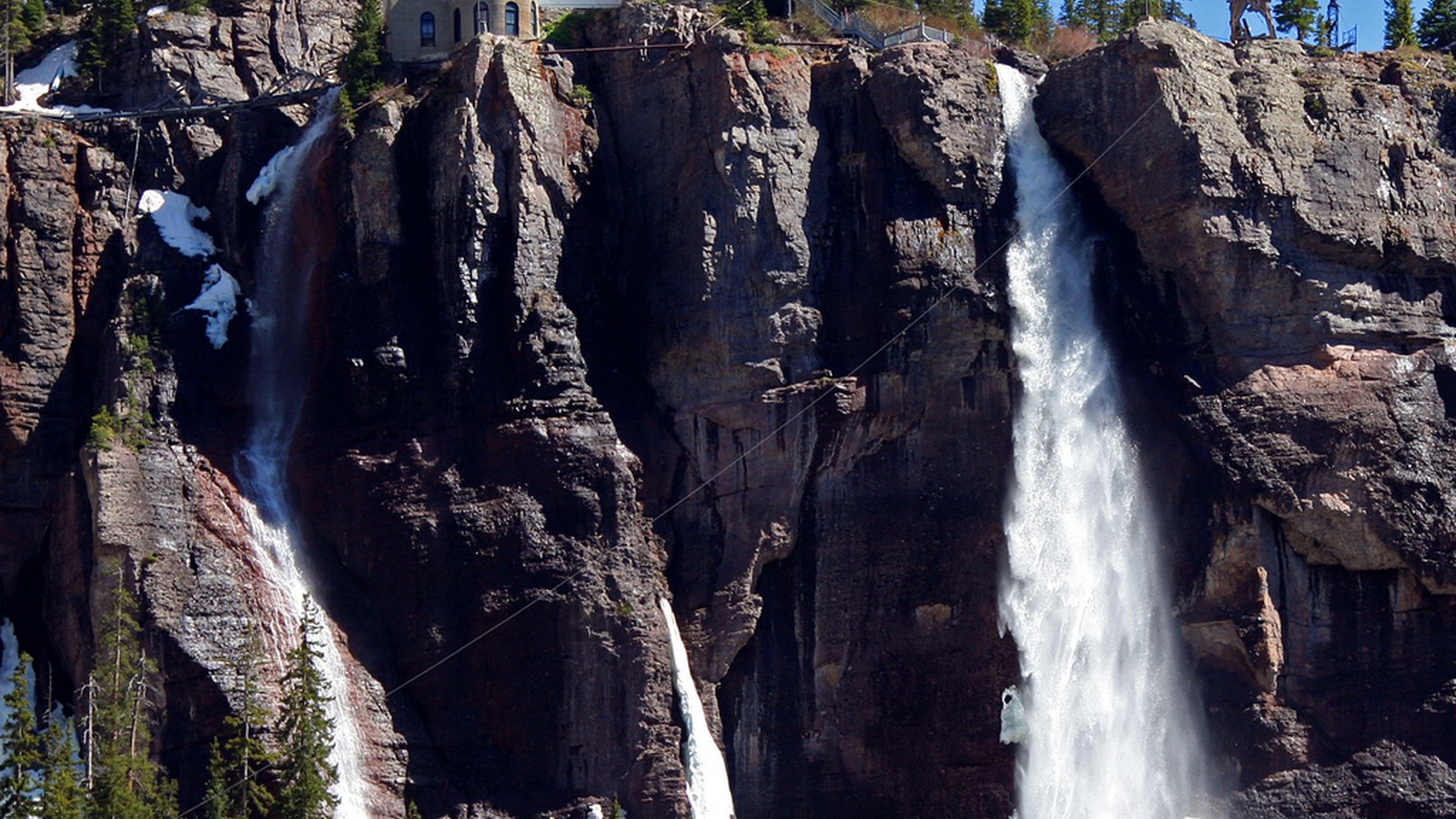 Bridal Veil Falls, the tallest free-falling waterfall in Colorado, with the historic powerhouse perched at its lip