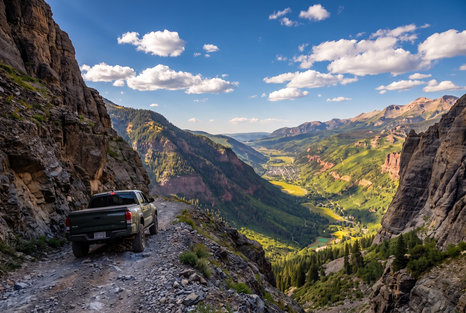 The Black Bear Pass shelf road cut across the basin slope below the summit, with twin waterfalls streaming down the far headwall toward Telluride
