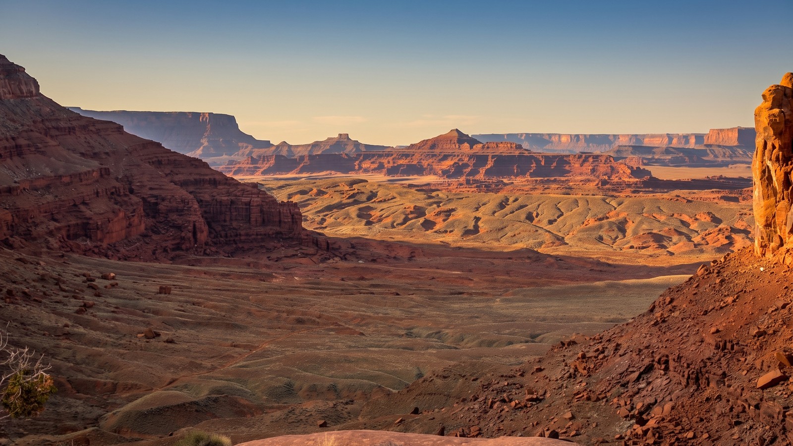 Sweeping canyon overlook from the Cliffhanger trail on Amasa Back - the Colorado Plateau's red rock mesas and canyon depths visible from the shelf trail