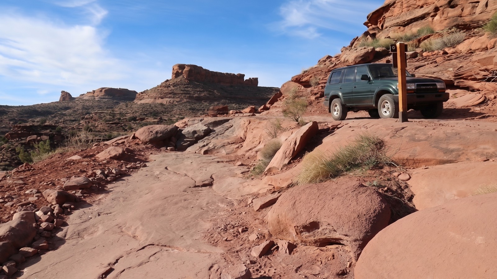 A dark green Land Cruiser parked at a BLM trail marker on the Cliffhanger slickrock route, Moab Utah