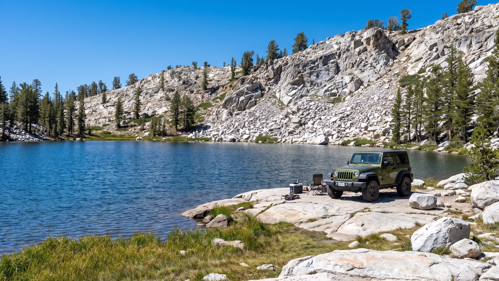 An alpine lake camp along the Dusy-Ershim Trail with granite and conifers, one of the string of lakes where groups overnight