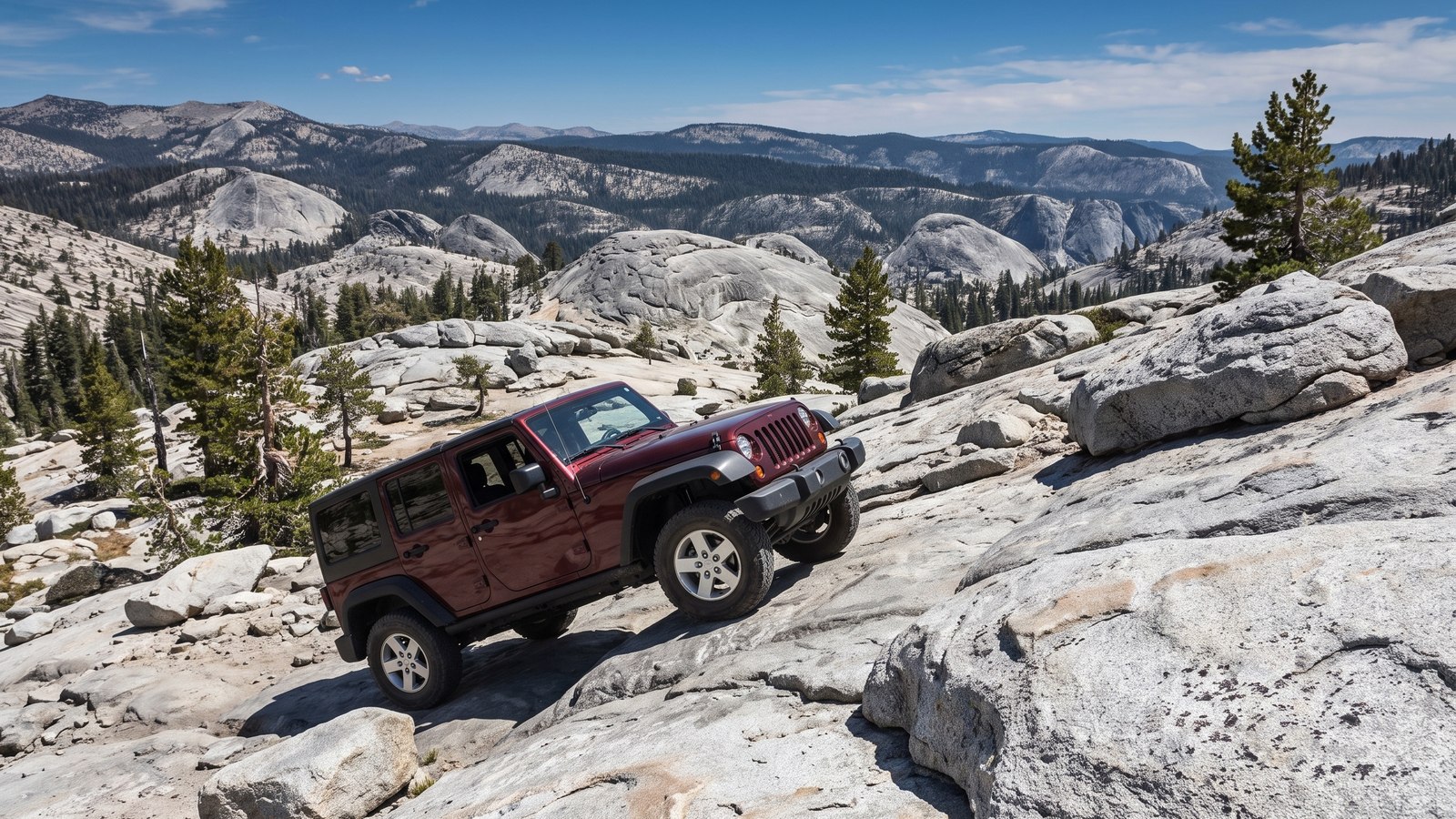 A built 4x4 climbing the granite shelf road of the Dusy-Ershim Trail with high-Sierra granite domes and layered ridgelines behind it