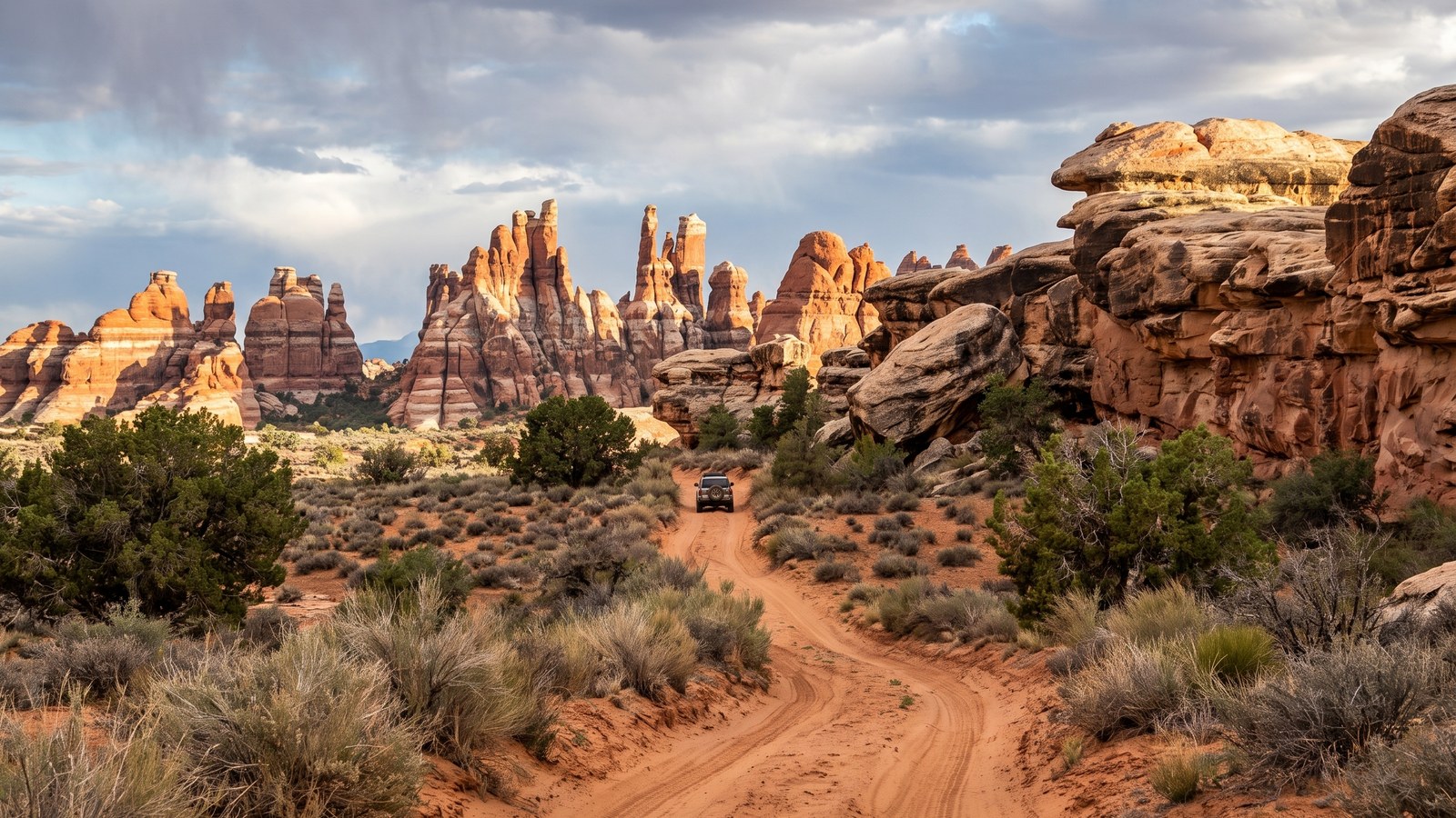 The Elephant Hill backcountry road winding through a field of banded Needles sandstone fins and spires under a dramatic desert sky.