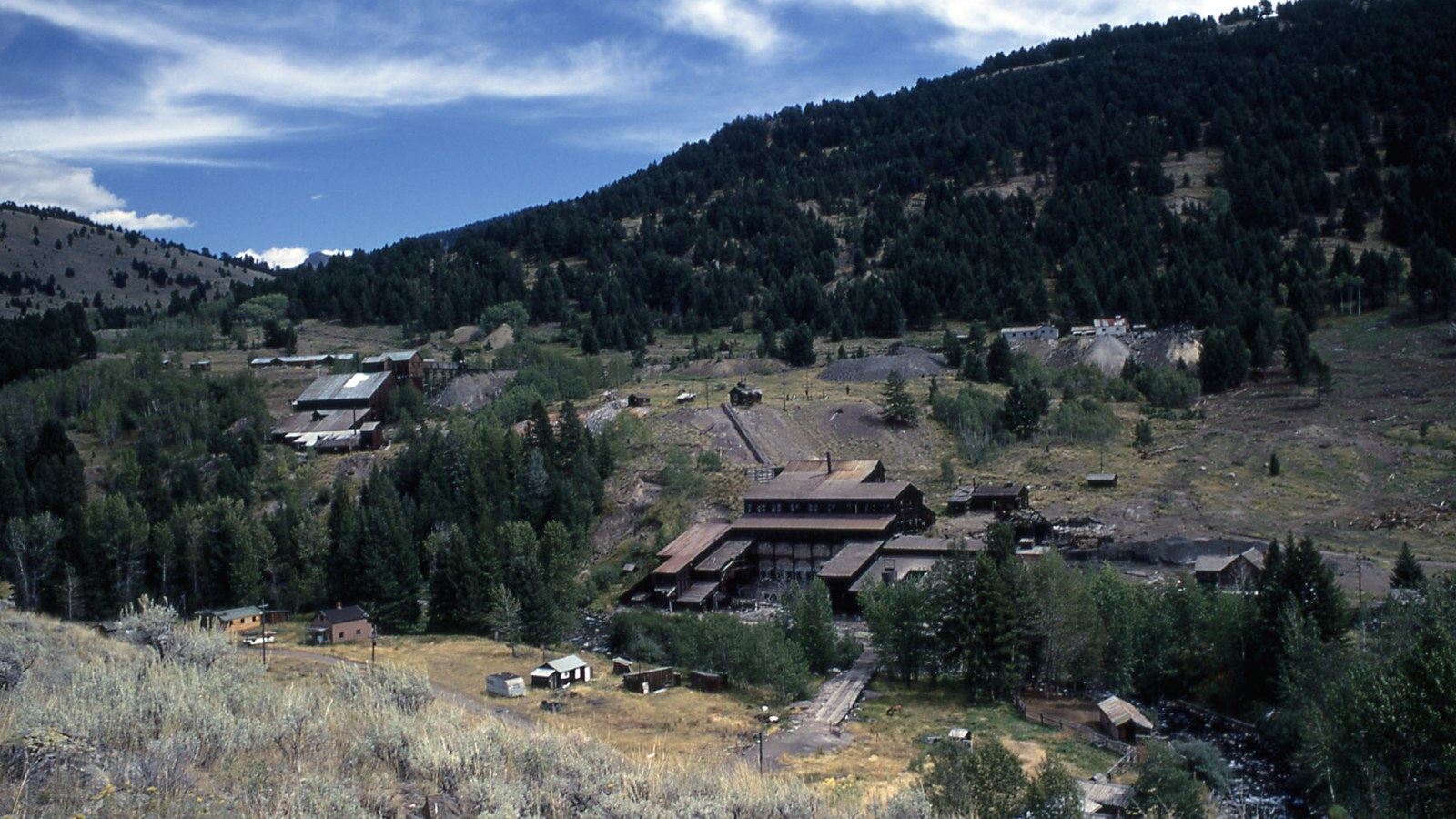 Weathered miners' cabins and mining structures of the Jardine ghost town on a forested hillside near Gardiner, Montana