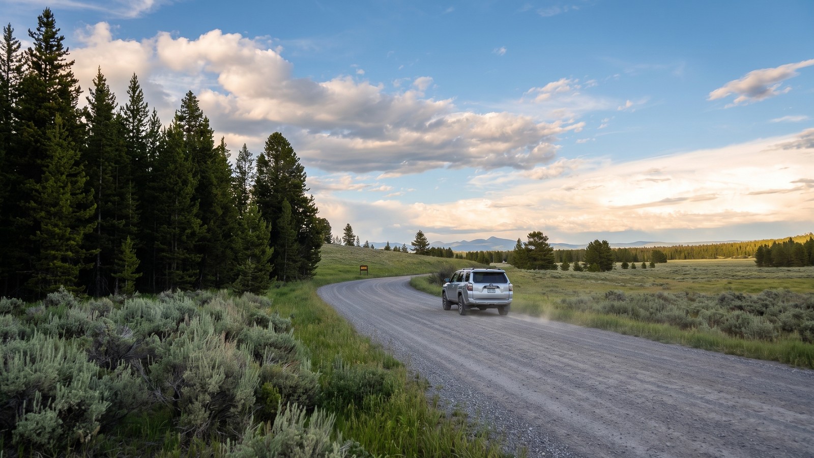 A silver Toyota 4Runner driving away up a wide gravel Forest Service road curving through meadow and lodgepole pine forest toward distant Montana mountains