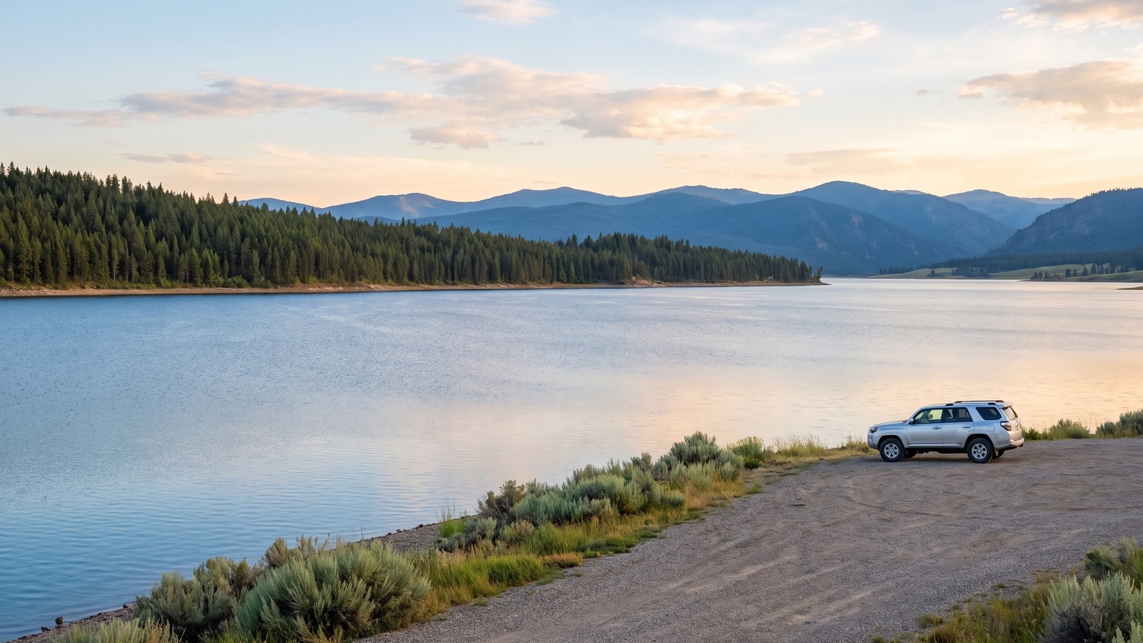 Calm Hebgen Lake at golden hour with a silver 4Runner parked at a gravel lakeside dispersed campsite, forested shore and mountains reflected in the water