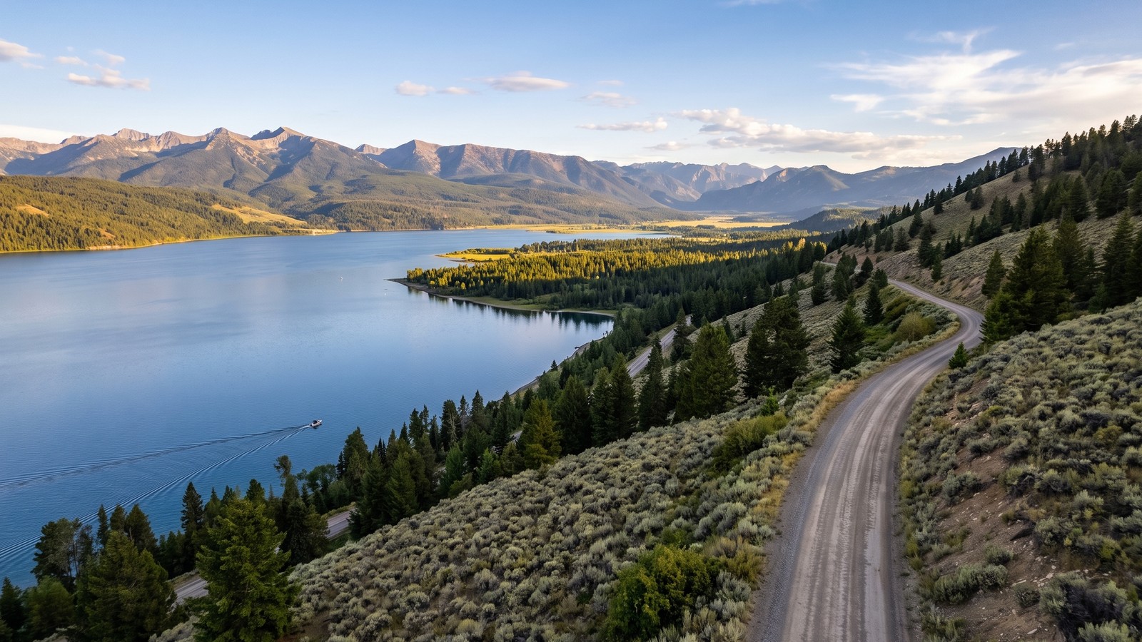 High overlook of the entire blue expanse of Hebgen Lake with a thin gravel road cutting along a sagebrush and conifer hillside, mountains beyond