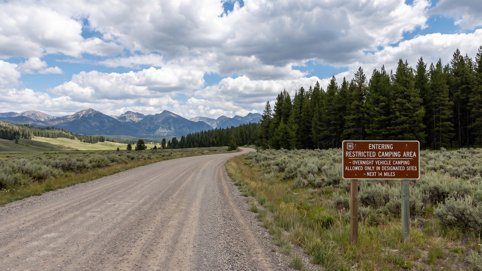 Wide gravel Forest Service road with a brown US Forest Service sign reading Entering Restricted Camping Area, Next 14 Miles, meadow and mountains beyond