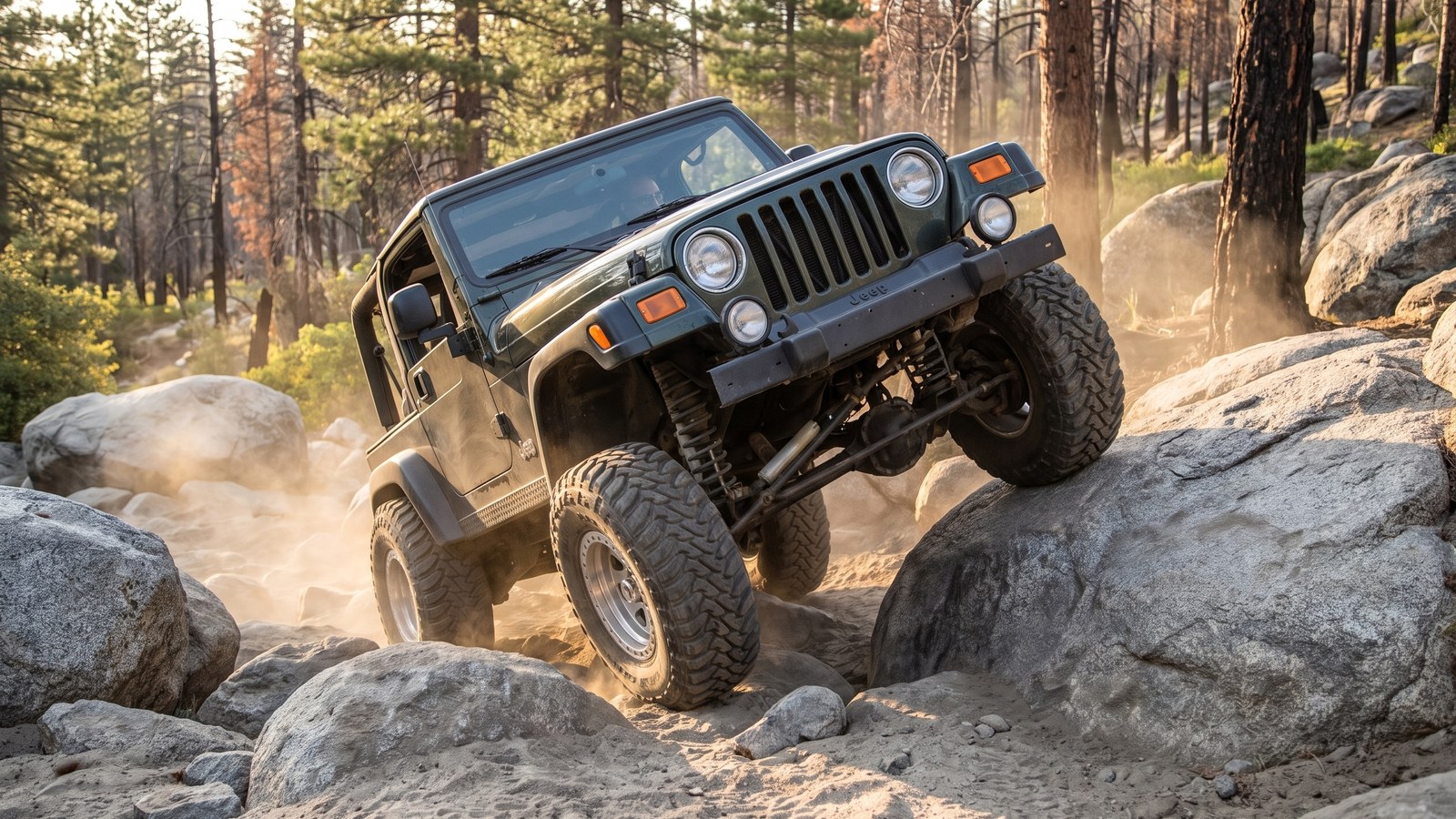 A modified 4x4 flexed and articulating across the boulder rock garden on Holcomb Creek.