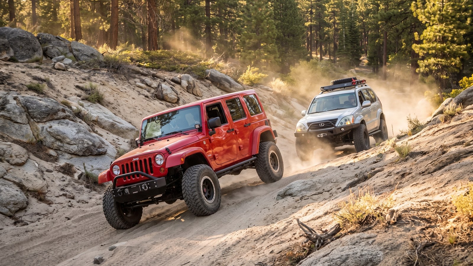 Modified 4x4s working up a steep off-camber sand climb in the middle of Holcomb Creek.