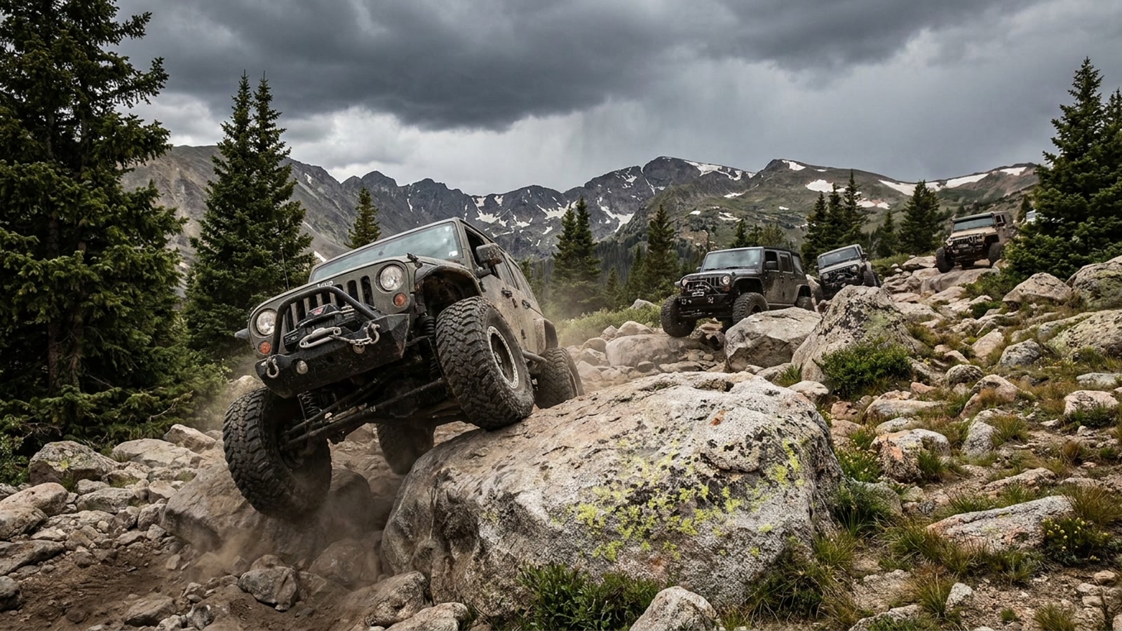 Multiple modified 4x4 rigs crawling large granite boulders at high altitude in Colorado, spruce and alpine tundra in the background, the kind of serious technical terrain that defines Holy Cross Trail