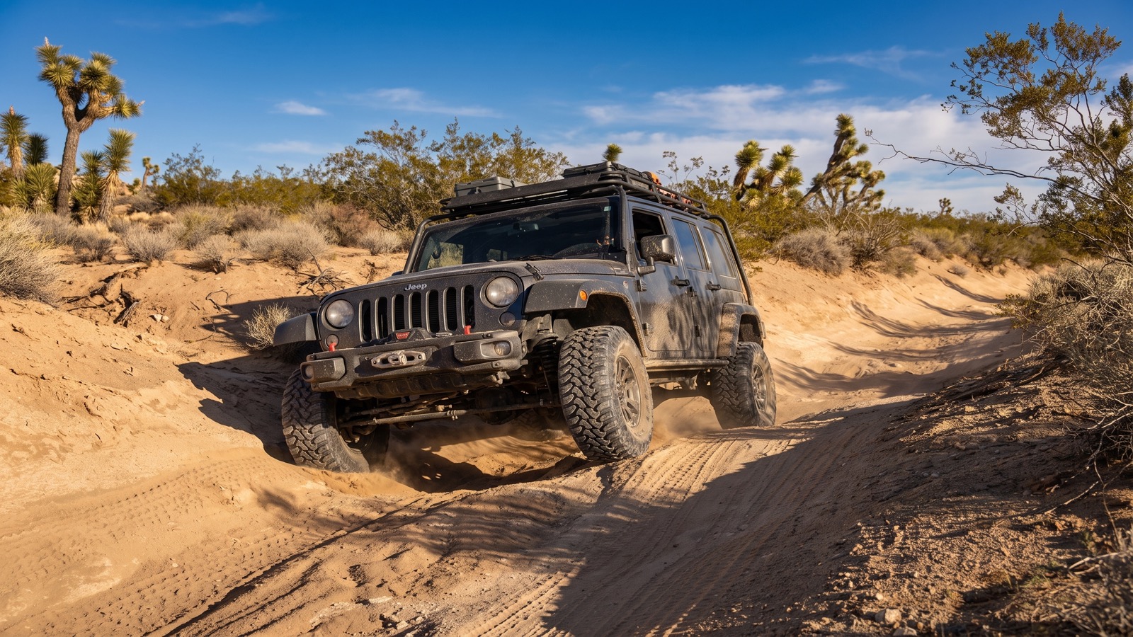A Jeep Wrangler climbing out of a deep sandy wash on the Mojave Road, tires digging into loose sand with Joshua trees behind