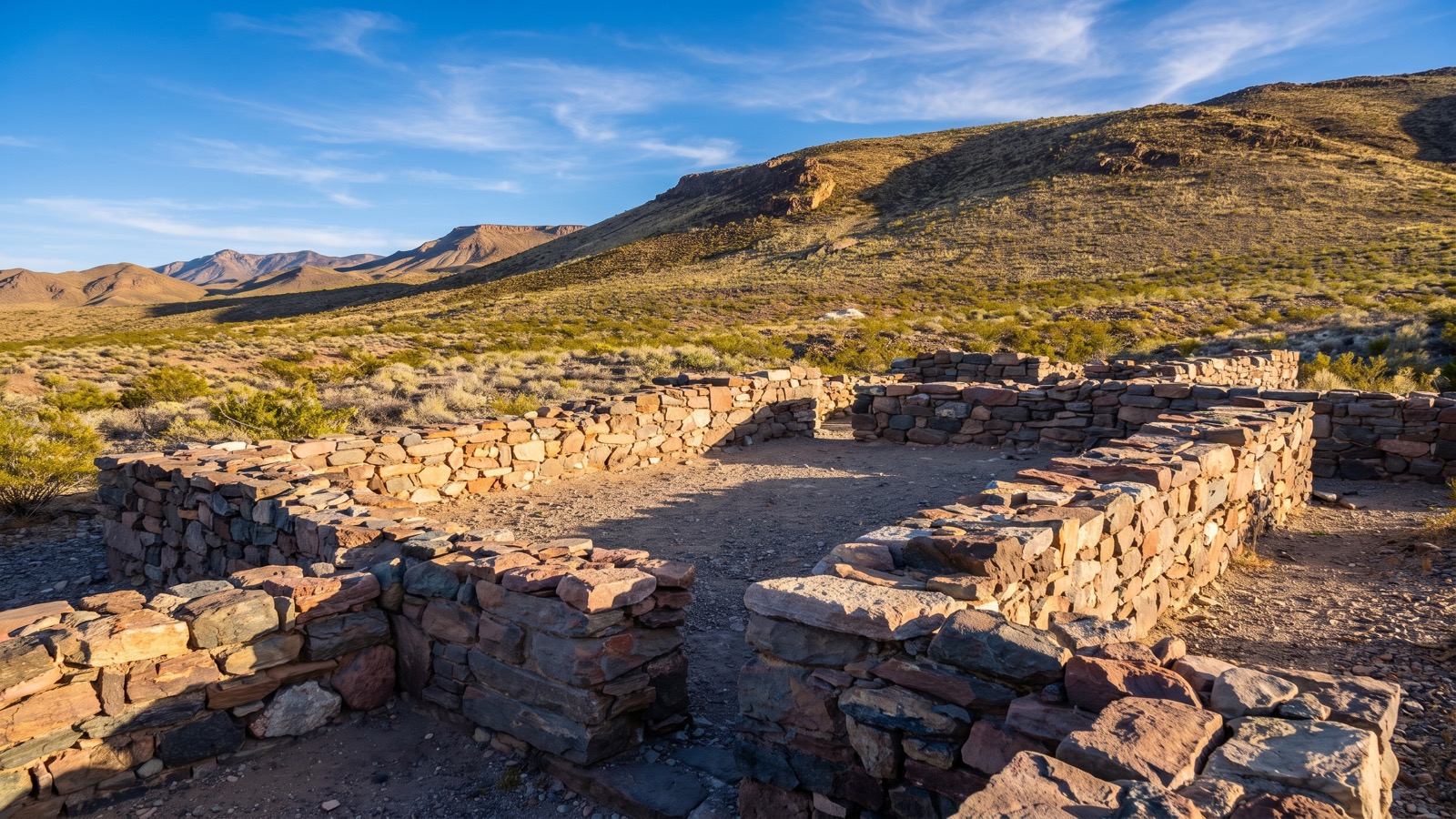 Dry-stacked stone ruin walls of a historic desert outpost on a brushy Mojave hillside, warm golden-hour light