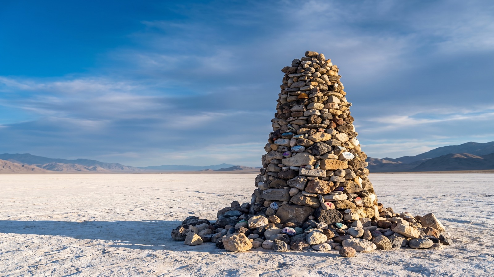 The Travelers Monument, a tall rock cairn built by passing travelers, standing on the flat white dry lakebed of Soda Lake with distant desert mountains behind