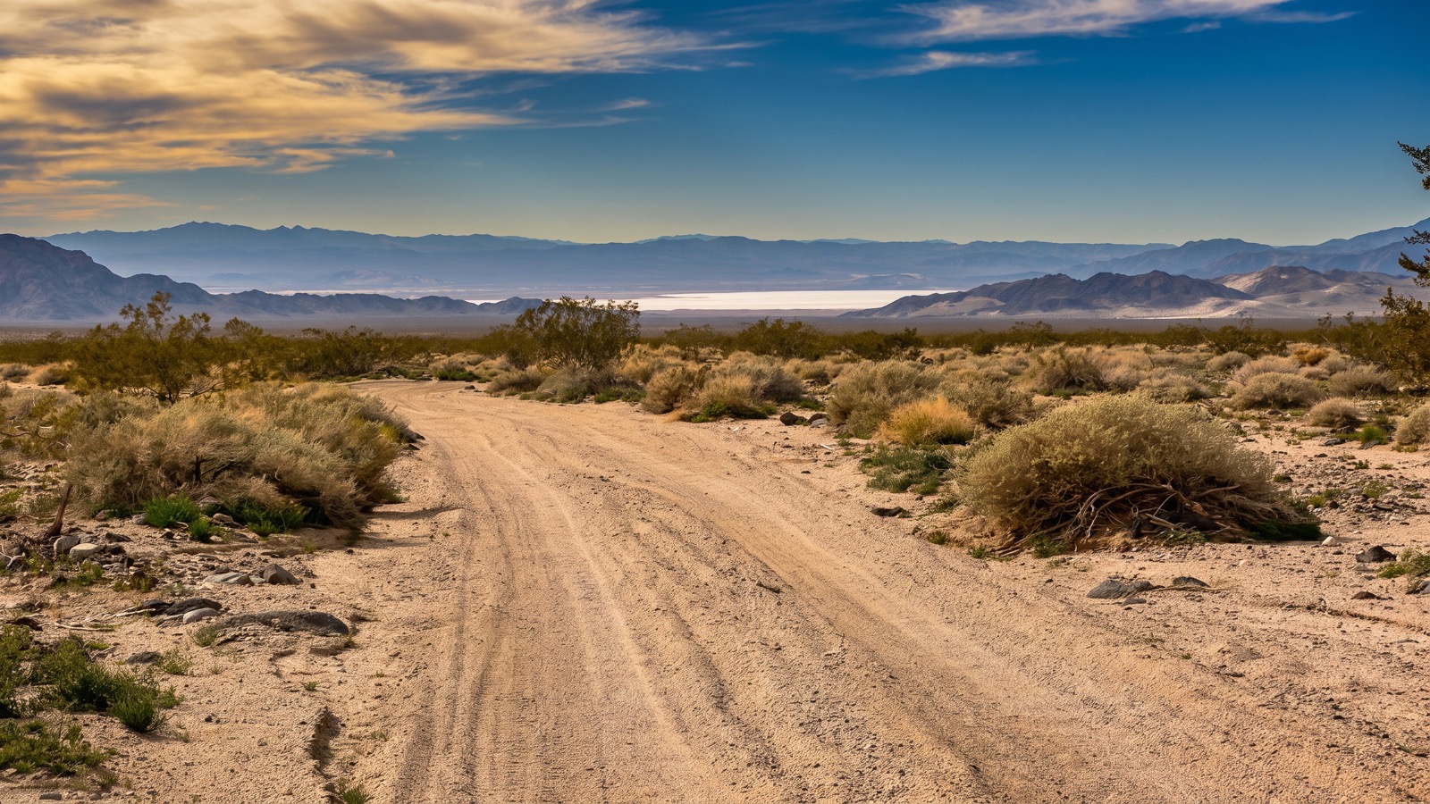A dirt road descending across open Mojave Desert toward a distant white dry lakebed framed by layered blue desert mountain ranges