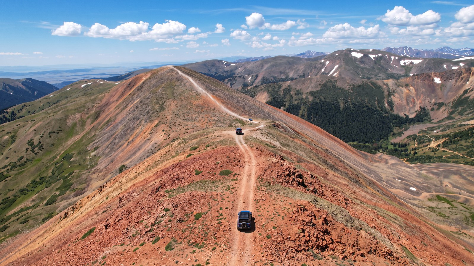 Aerial view of the rust-red Red Cone ridgeline two-track threading the tundra with a sweeping Continental Divide panorama