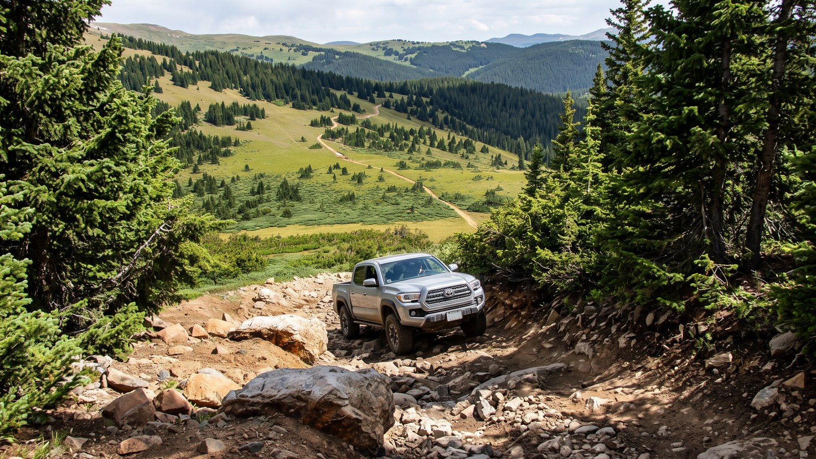 A silver Toyota Tacoma climbing the rough, rocky lower section of Red Cone through the Colorado high-country forest