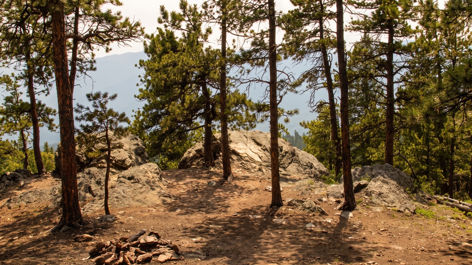 A rocky granite outcrop and dry, compacted staging clearing rimmed by open ponderosa pine along the approach to Slaughterhouse Gulch near Bailey, Colorado