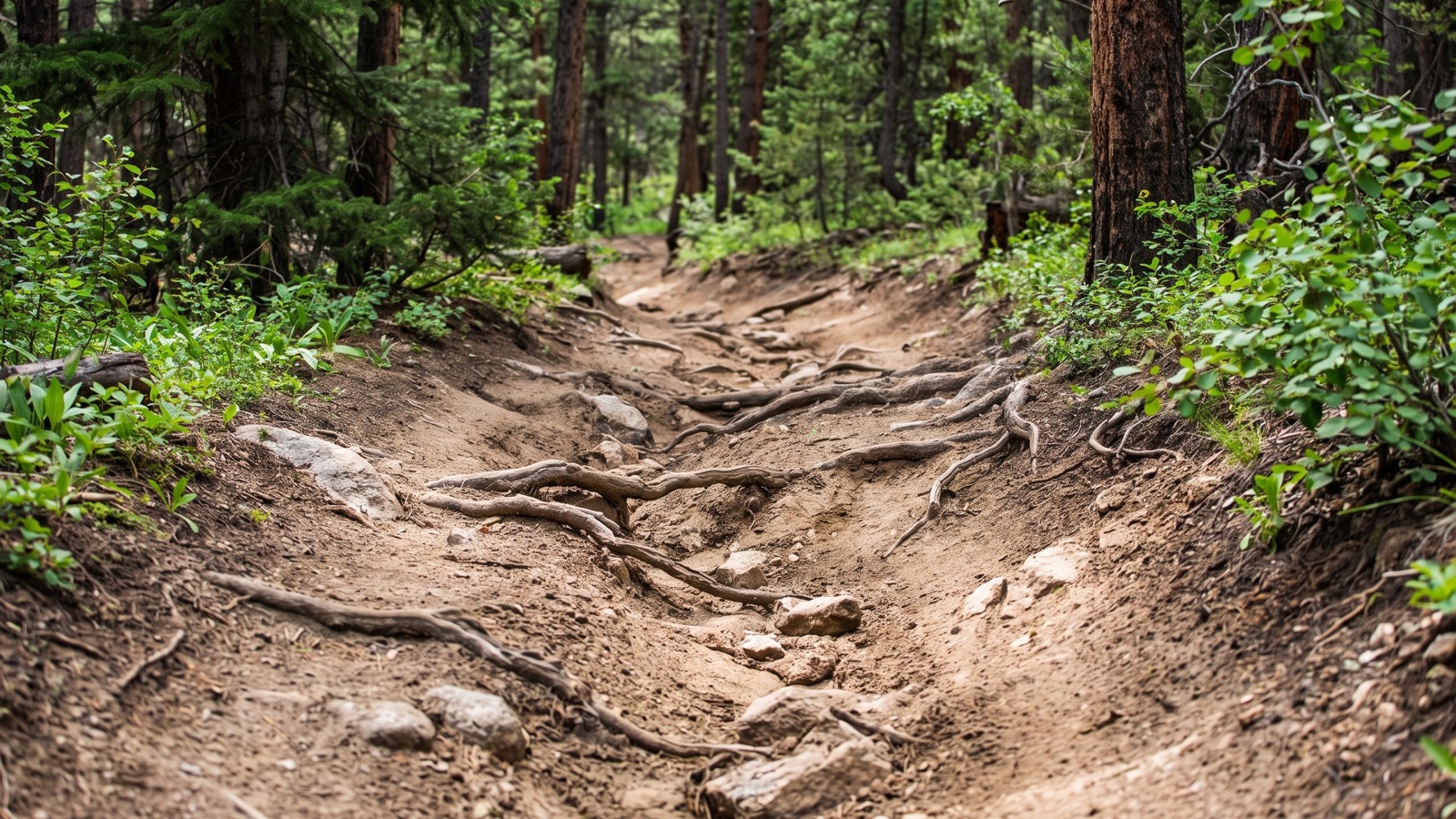 Deep parallel ruts and washouts carved into a narrow forest two-track on Slaughterhouse Gulch, tree roots and small rocks in the tread, timber crowding both sides