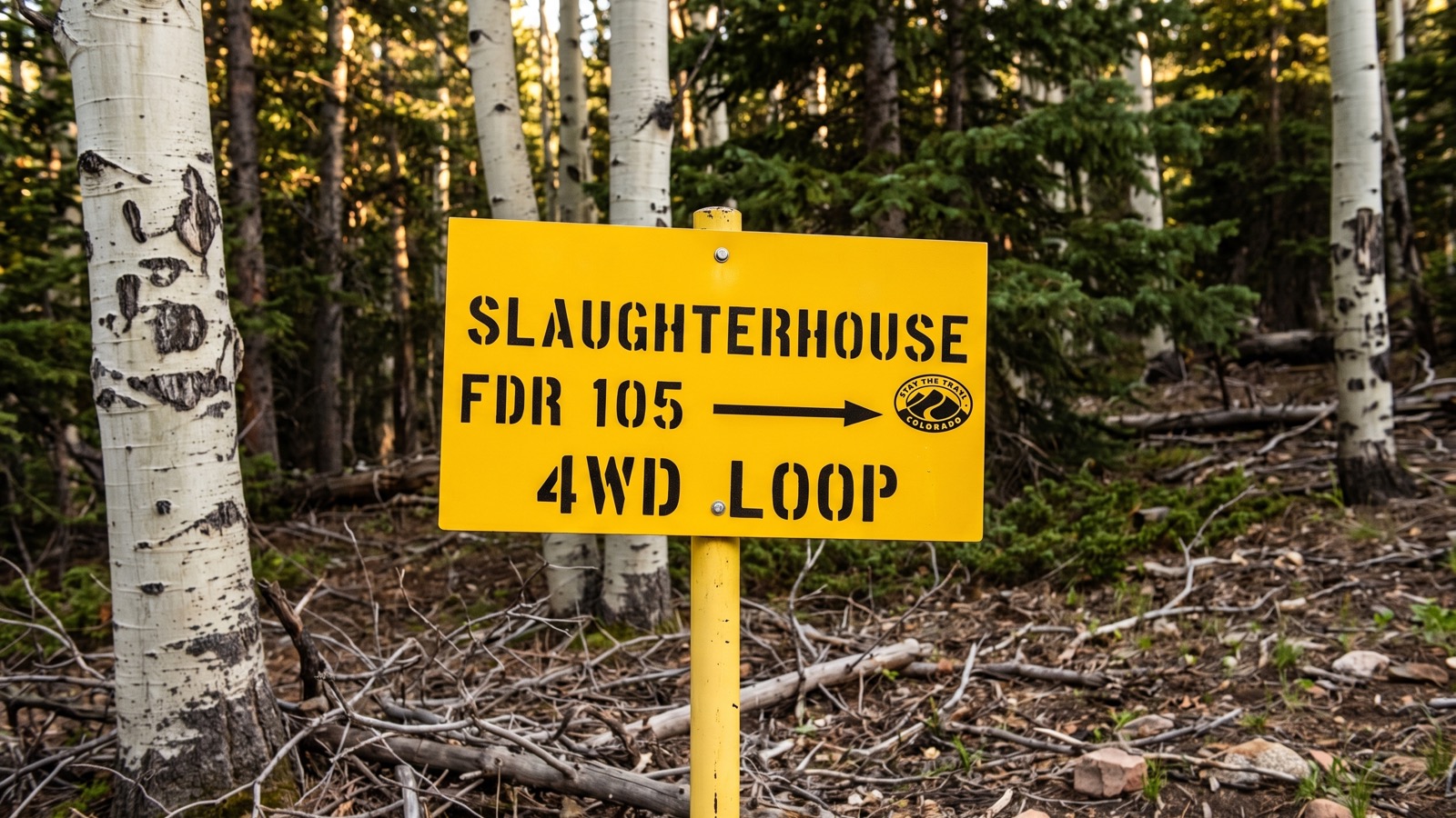 The steel "Slaughterhouse FDR 105 4WD Loop" Forest Service trail sign standing among aspen and conifer trunks at the start of the trail near Bailey, Colorado