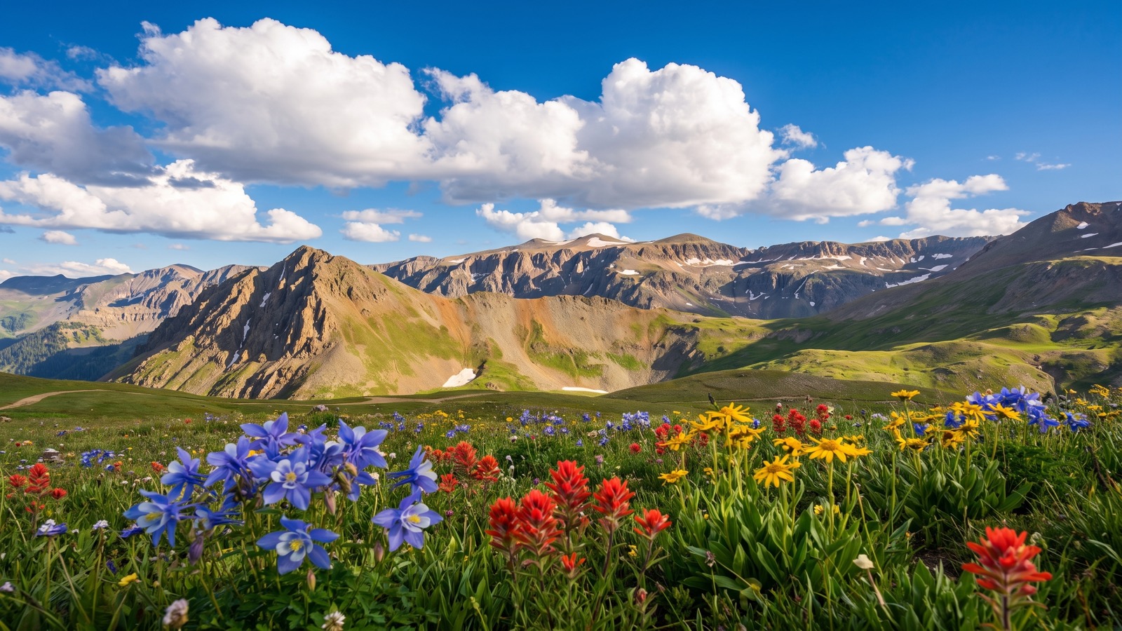 Wildflowers and green tundra below the jagged San Juan peaks in the upper Yankee Boy Basin at peak summer