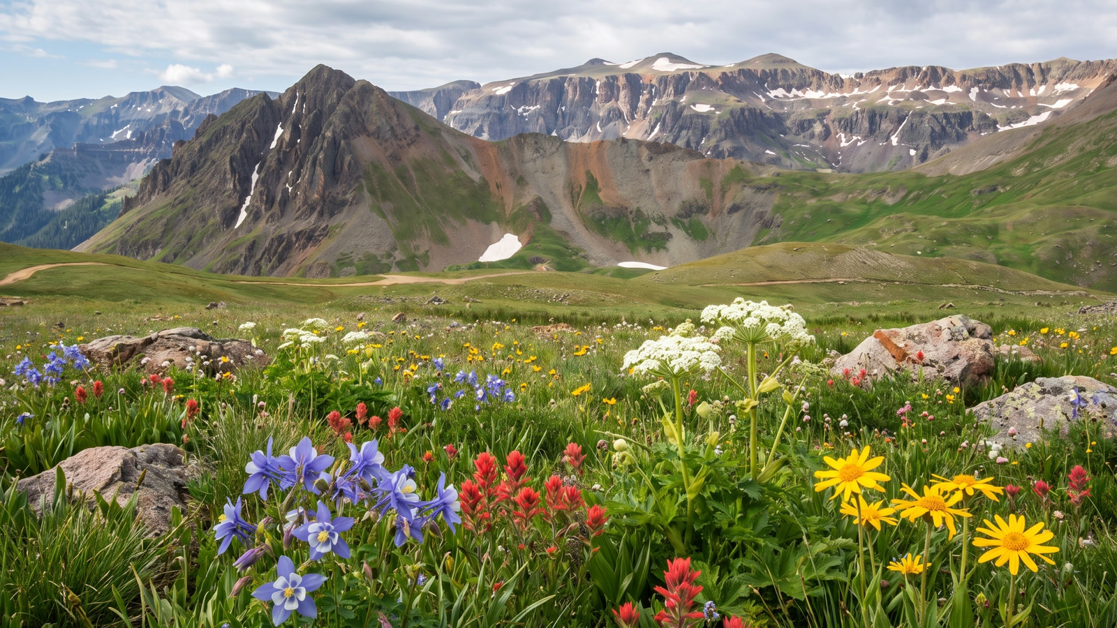 Summer wildflowers — columbine, Indian paintbrush and cow parsnip — blooming beneath the banded volcanic peaks at the head of Yankee Boy Basin